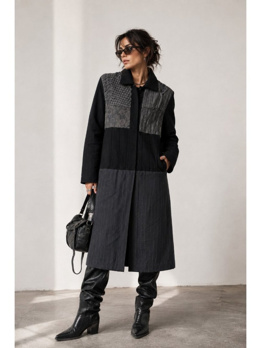 MIXER Patchwork Knit Embroidered Pinstripe Long Coat Women’s S Wearable Art